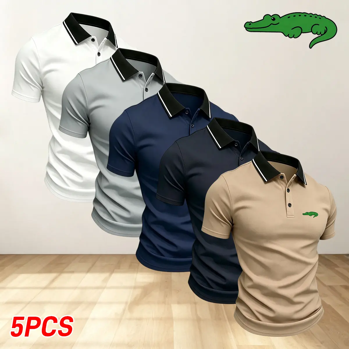 Men’s summer crocodile print polo shirt set with button placket and turn-down collar, fashionable casual beachwear suitable for golf, the gym, fishing, and everyday wear.