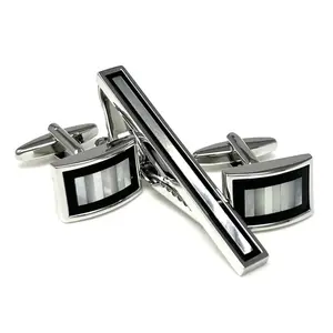 MENDEPOT Mother pearl And Onyx Rim Cufflinks And Tie Clip Set Men Wedding Birthday Gift