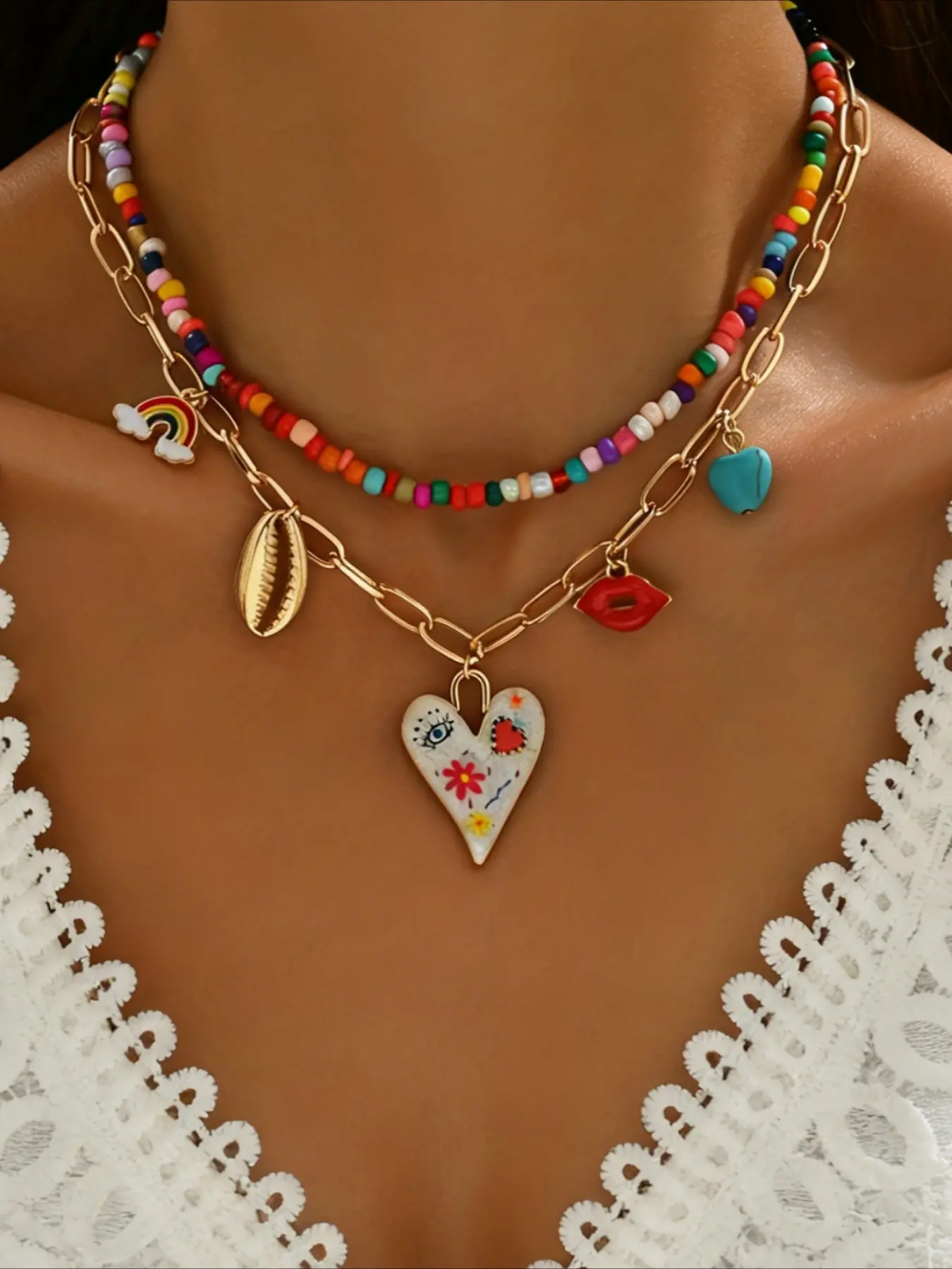 2pcs Y2K Colorful Beaded Layered Alloy Pendant Necklace Set, Bohemian Graffiti Heart Rainbow Multi-Charm Pendant, Fashionable Women's Party Vacation Personalized Necklace Set