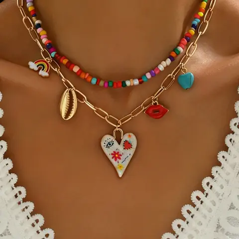 2pcs Y2K Colorful Beaded Layered Set, Bohemian Graffiti Heart Rainbow Multi-Charm Pendant, Fashionable Women's Party Vacation Personalized Necklace Stack Set