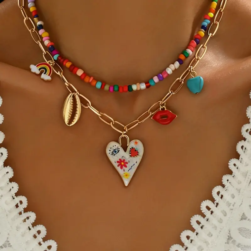 2pcs Y2K Colorful Beaded Layered Set, Bohemian Graffiti Heart Rainbow Multi-Charm Pendant, Fashionable Women's Party Vacation Personalized Necklace Stack Set