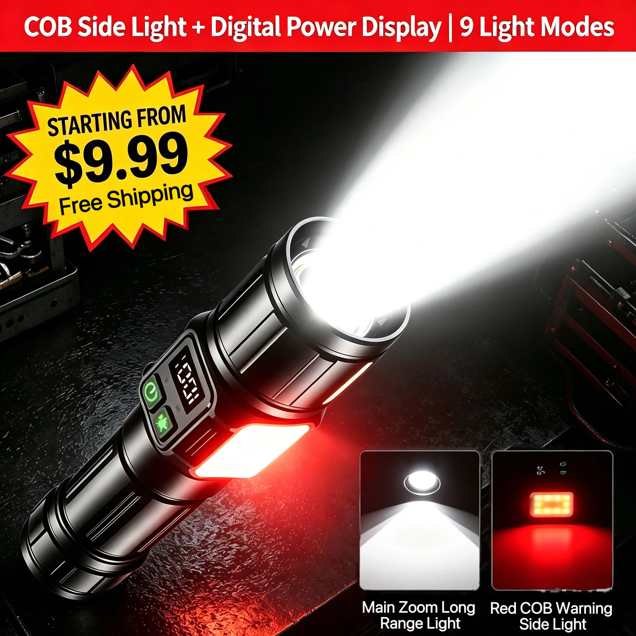 2800 Lumens Tactical Flashlight USB-C Rechargeable Digital Power Display Flashlight with COB Side Red Warning Light Zoomable Waterproof 9 Light Modes for Car Repair Roadside Emergency Mechanic Camping Survival