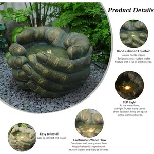 Water Fountain Zen Outdoor Fountains Garden Buddha's Hand Bubbler with Lights & Pump for Patio Porch Deck Yard Home Decor, 19.7''H x 17.5''L x12.2''W