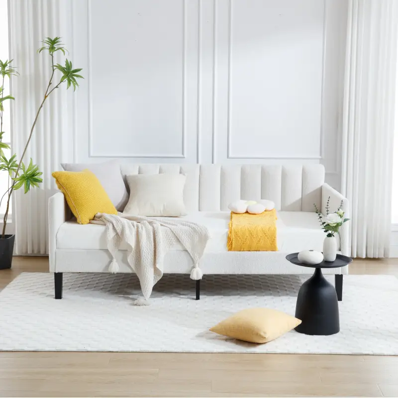Elena Twin Size Ivory Boucle Upholstered Daybed - Soft Seating, Durable Ribbed Tufted Backrest, Lavish Modern Design, 400lbs Capacity, Squeak-Free, No Box Spring/Foundation Required, Rich Foam Comfort Indoor Sofa for Home Office, Elegant Daybed