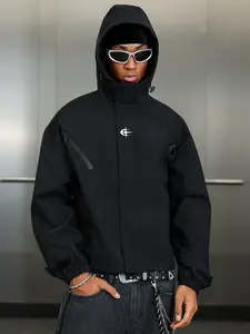 Men's Long-Sleeve Hooded Windbreaker Coats - American High-Street Style, Black Spring-Autumn Loose-Fit Windproof Waterproof Jackets with Distinctive Logo Print, Drawstring, Outdoor Everyday Streetwear Tops