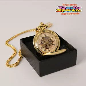 Vintage Skeleton Pocket Watch Unisex Double Case Roman Numerals Quartz Movement with Chain Strap & Commemorative Keychain