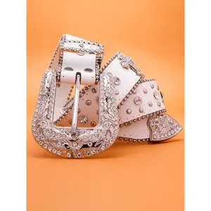 Unisex Punk Style Rhinestone Decorated Studded Belt Buckle, Y2k Sparkling Western Belt with Cross Design for Women & Men, Casual Waistband for Party & Daily