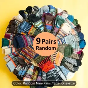 9-Pair Pack of Cozy Vintage-Inspired Tribal Pattern Mid-Calf Crew Socks - Unisex Thick Warm Autumn Winter Gift Set - 95% Polyester 5% Elastane with Lycra, Machine Washable, Soft, Breathable, and Stretchy - Random Nine Pairs One-size