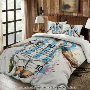 Argentine footballer Lionel Messi celebrates with a 3-piece comforter set, a bedding set suitable as a gift.