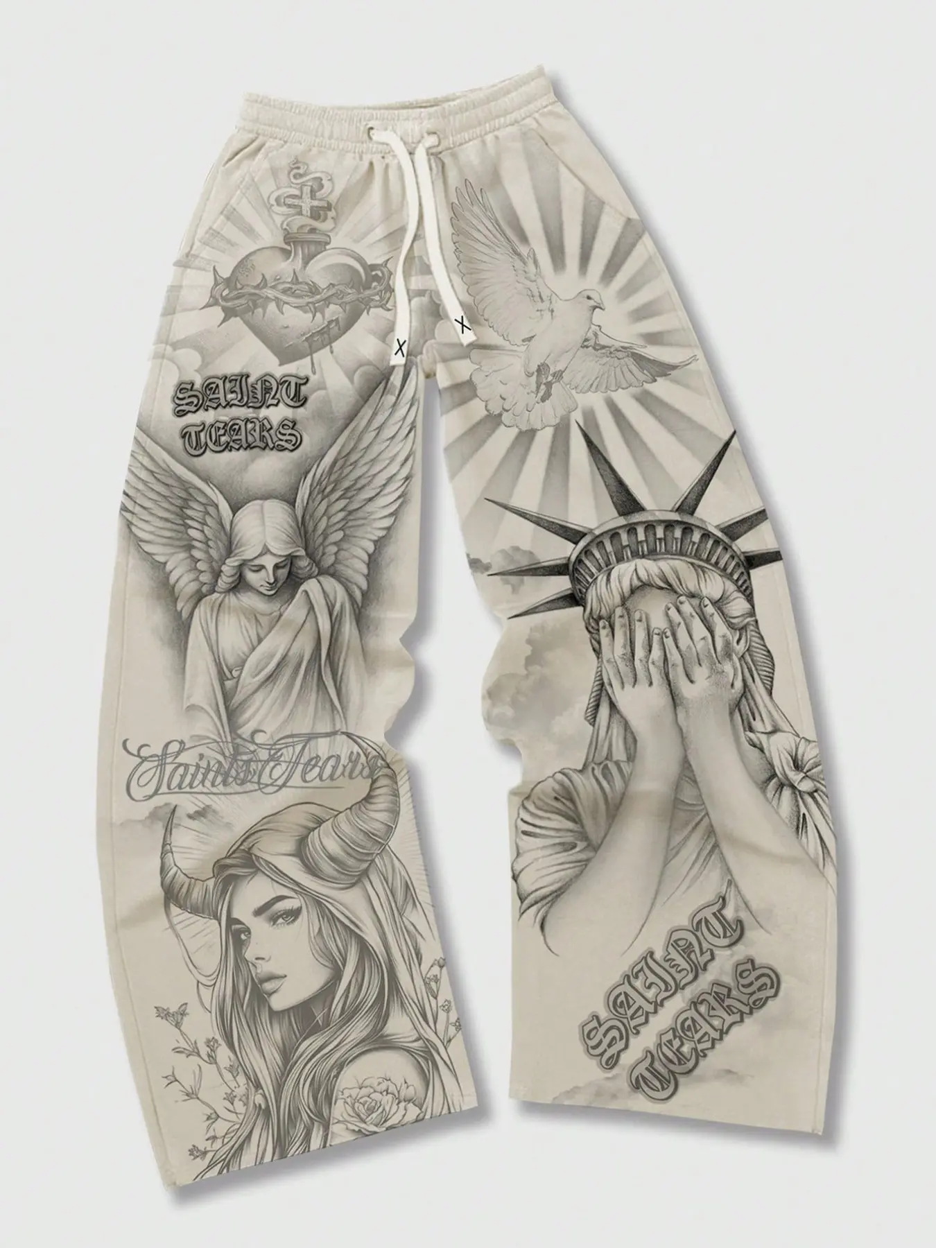 Statue of Liberty Jesus print men's casual wide leg religious style pants, unisex Christian apricot casual sweatpants, Angel Sacred Heart Saint print autumn and winter sports pants Jesus, Casual Street Pants, Drawstring Loose Pants, Casual Bottom