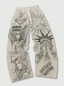 Statue of Liberty Jesus print men's casual wide leg religious style pants, unisex Christian apricot casual sweatpants, Angel Sacred Heart Saint print autumn and winter sports pants Jesus, Casual Street Pants