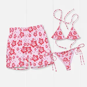 Matching Couple Hawaiian Swimwear Set Unisex Cherry Print Bikini & Mens Trunks Sustainable Beach Fashion Quick Drying