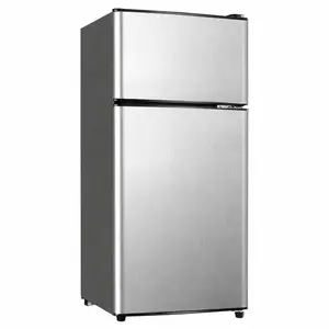 Summervibes Double-Door Mini Fridge, Small Refrigerator with 7-Level Thermostat & Separate Freezer for Dorm, RV Silver