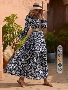 Women's Western Style Floral Print Embroidered Trim Bishop Long Sleeve Notched Neck A-line Long Vintage Dress, Dresses for Women, Fall Dresses 2024, Boho Casual Maxi Milkmaid Dress for Vacation