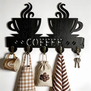 Wooden Wall Mounted Key Hook, Coffee Cup Shape, Durable Storage Hook, Includes 5 Alloy Hooks, Suitable for Bedroom Kitchen Entryway Office