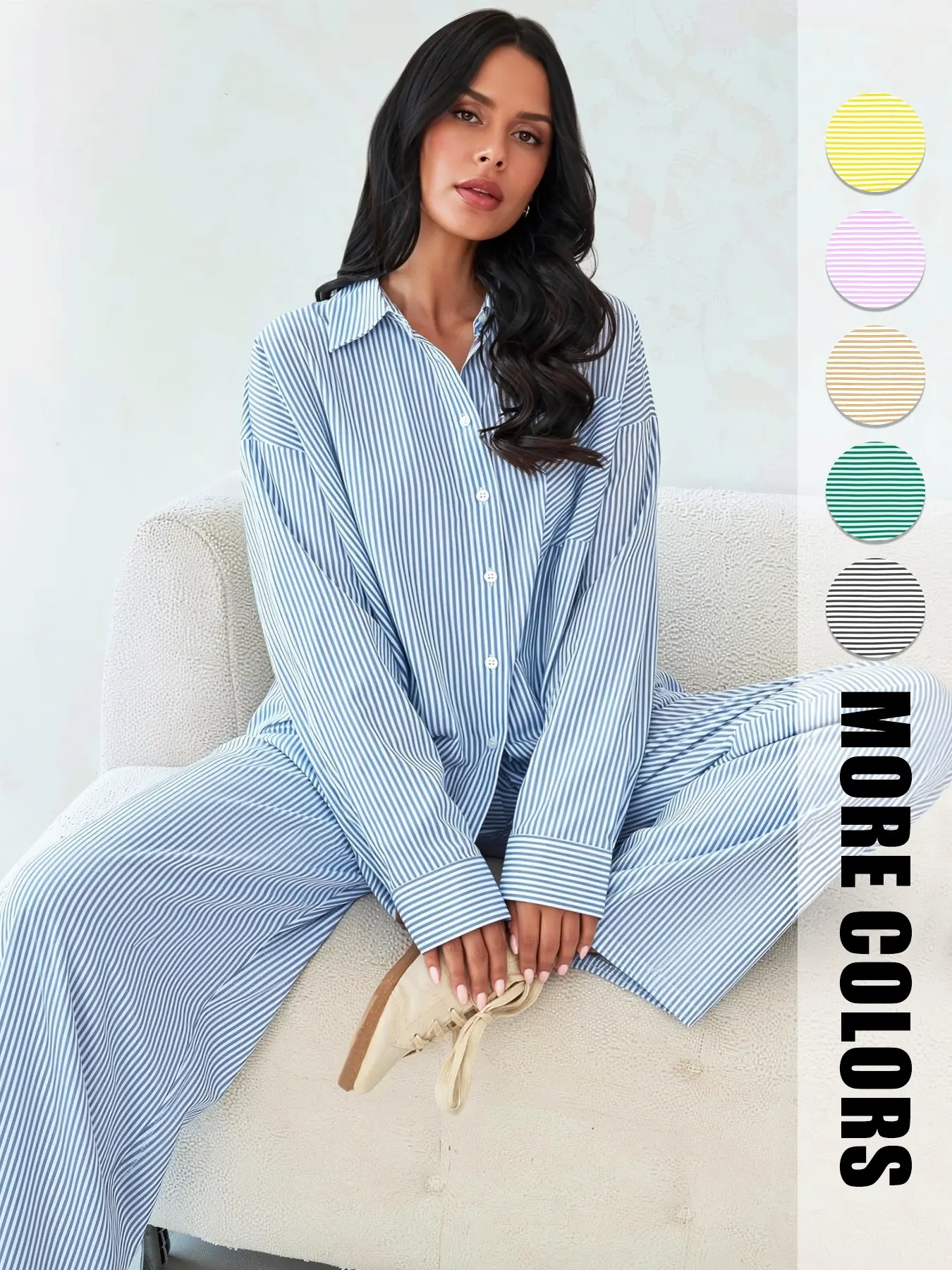 Women's woven striped Long Sleeves shirt and trousers set Fit a casual Style two piece set suitable for everyday wear relaxing at home beach vacations and shopping