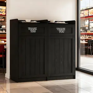 Double 40 Gallon Wooden Kitchen Floor Cabinet, Freestanding Dual Compartment Hidden Storage Cabinet with Top Tray Holder, Anti-Tip Enclosed Household Floor Cabinet for Kitchen Living Room Indoor Use, Black