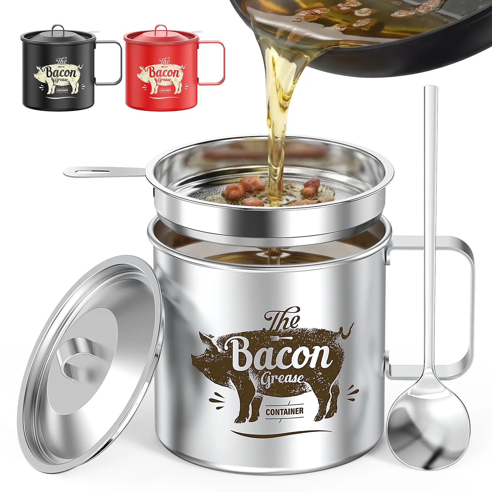 PGYARD 20 OZ Stainless Steel Bacon Grease Storage Set - Mini Bacon Grease Saver With Strainer , Farmhouse Bacon Grease Keeper Oil Container For Kitchen Fat Storage, Dishwasher Safe homeessentials