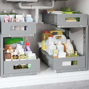 2-Pack Sink Organizers And,Large Capacity 2-Tier Pull-Out Cabinet Organizer With Tube Rails,Drawers,Sturdy Mesh Shelves For&-Grey