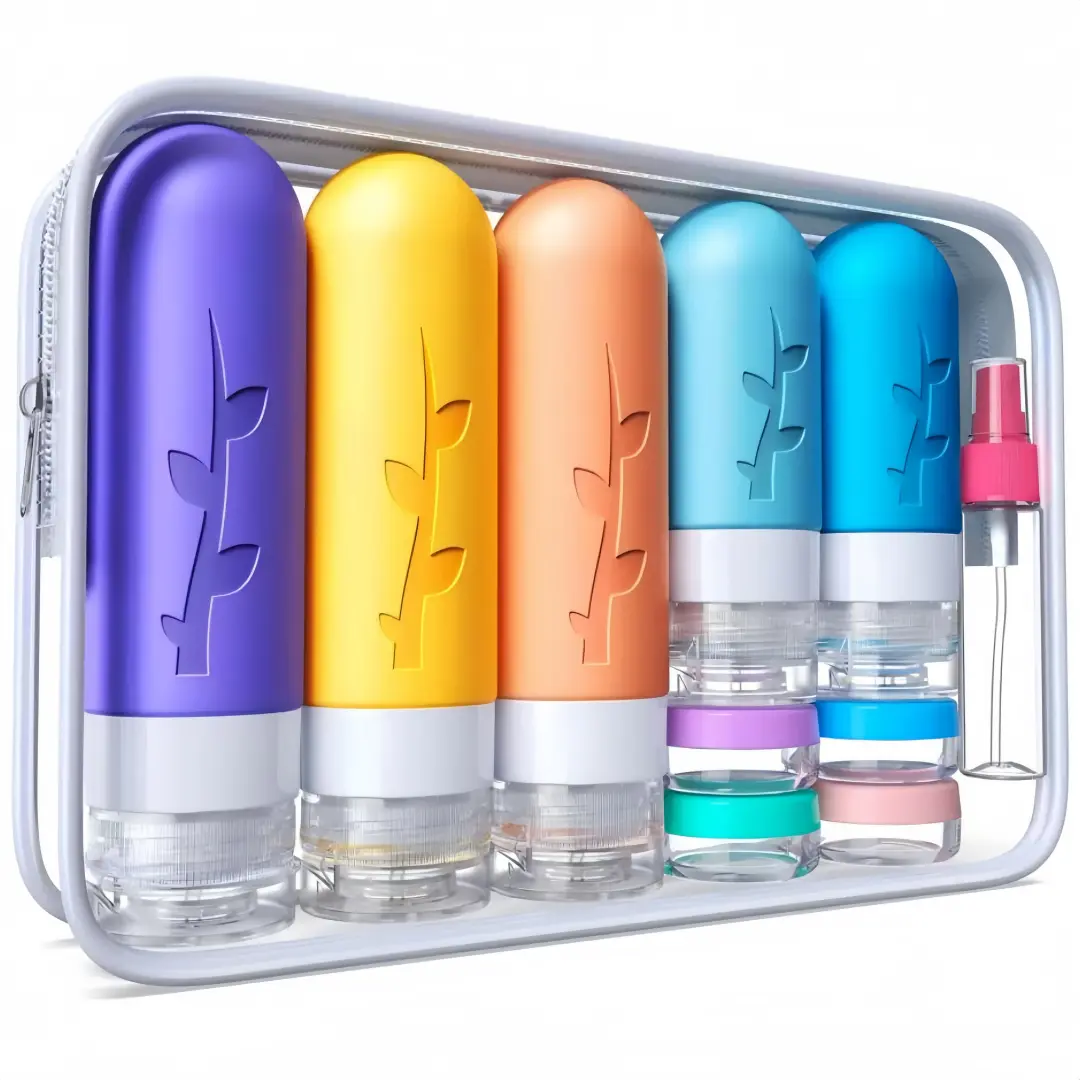 LMMAKE 19-Pack Travel Essential Silicone Toiletry Bottles Leak-Proof Compact Lightweight Squeeze-Controlled Output Prevents Spills Durable Safe Material for Trips Gym On-the-Go Set with Transparent Makeup Bag - Clear Plastic Stackable Organiser Containers