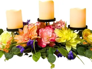 Candle Holders Spring Summer Centerpiece,3 Wick Candle Holder with Dahlia Pinnata Peonies and Roses for Spring Decor,Easter Centerpiece Table Decor