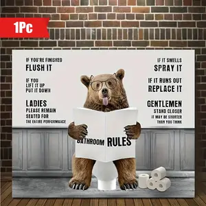 1pc Wooden Framed Bear Bathroom Canvas Art Prints Wall For Bedroom Living Room Home Decor Funny Bear In Toilet Bathroom Canvas Print Poster Picture With Framed Ready to Hang Gift For Her Him