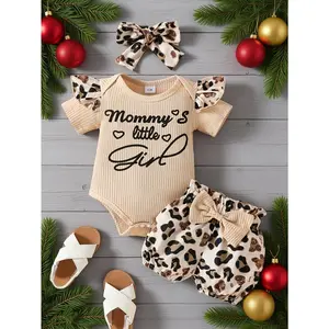 Letter Print Short Sleeve Romper with Leopard Print Shorts + Headscarf Three-Piece Set, Perfect for Outdoor