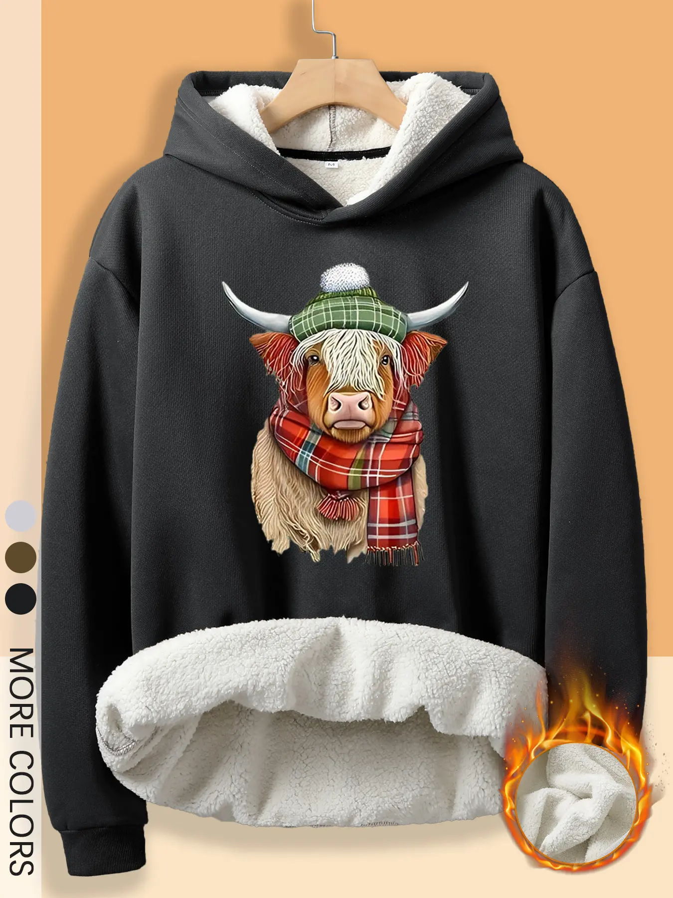 Women's Black Hoodie with Cute Highland Cow Graphic, Sherpa Lined Hood and Plaid Scarf Design, Soft Warm Top, for Winter Casual Wear