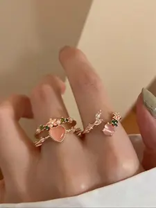 Elegant Women's Ring Set, Adjustable Open Design, Vintage Copper Micro Inlaid Cubic Zirconia, Unique Heart Shape, 2 Pieces