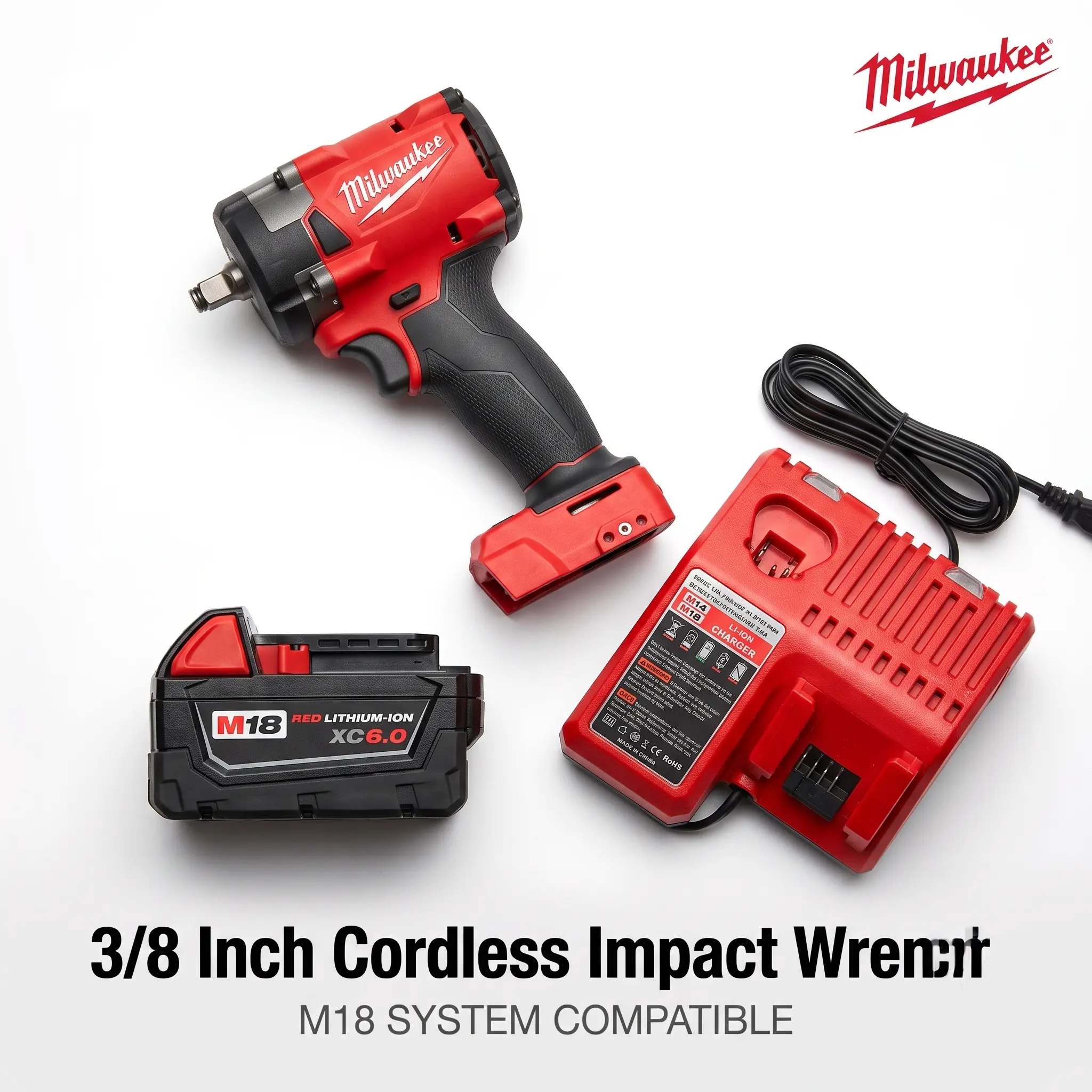 Milwaukee M18 Series Cordless Impact Driven Wrench Industrial Power Tool Set - 3/8 in Square Drive, 300N.m Peak Torque High Torque Tool, for Mechanics, Narrow Space Use W/ Charger & Battery, Impact Driven Wrenches