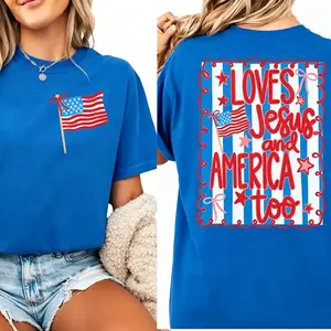 Loves Jesus & America Tee – 4th of July Patriotic Comfort Colors Shirt – Red, White & Blue Preppy American Flag Top