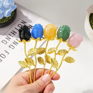 Rose Quartz Flower Statue with Gold Stem, 1 Count Healing Gemstone Decor, Home Decor Ornament, Gift for Friend & Family