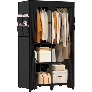 Black Portable Wardrobe Closet with Cover, Quick and Easy Assembly, Sturdy Stable Clothes Rack with 2 Hanging Rods, 4 Storage Shelves and 8 Side Pockets for Bedroom and Dormitory