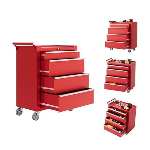 GAOMON 4-Drawer Heavy Duty Rolling Tool Box with Wheels - Lockable Rectangular Metal Cabinet Storage, Portable Organizer with Drawer Liners, Easy Assembly Red Tool Chest for Garage, Workshop