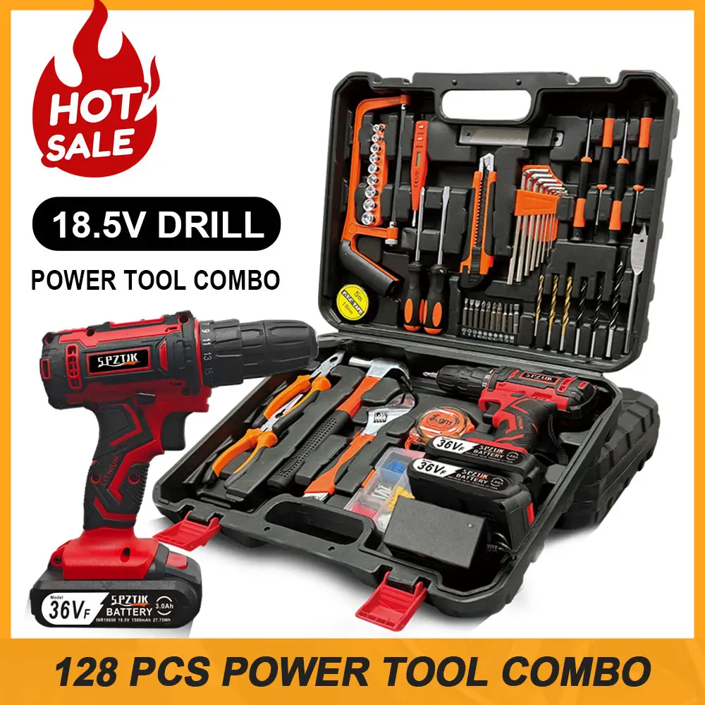 SPZTJK 128-Piece 36V Lithium lon Cordless Drill & Tool Set, Electric Screwdriver Power Tools Hand Drill Pack，Power Drill Kit with Battery and Charger,