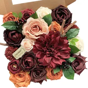 Roses Artificial Flowers Burgundy Bouquet Fake Flower with Stems for DIY Bridal Wedding Shower Decorations Party Table Centerpieces Faux Silk Floral Arrangement for Home Decor Indoor Orange