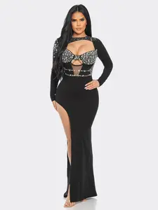 Delicate Rhinestone Embellished Long Dress with High Slit, Comfortable Fabric Cut-Out Embellishments, Perfect Formal Women'S Wear for Clubs
