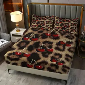 3Pcs Leopard Print and Glossy Cherries Fitted Sheet Set, Faux Fur Pattern, Soft Bedding for a Cozy Bedroom, Stylish Design Perfect for Trendy Decor and Comfort, Elevate Your Sleep Experience! Includes 2 Pillowcases, No Pillow Core