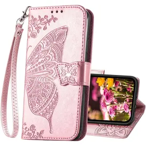 for  13 Case Wallet for Women,Flip Folio Butterfly Embossed PU Leather Stand Card Holder Slots Wrist Strap Protective Phone Cover for  13 (Rose )