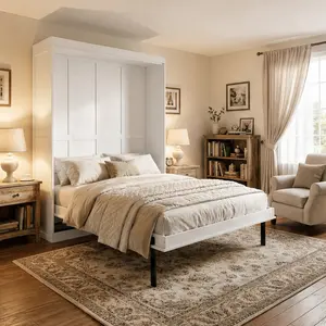ARCH Rotating Queen Murphy Bed with Hidden Storage Racks, Space-Saving Wall Bed for Small Rooms, Home Office, Guest Room, White MDF Pine Wood, 360° Swivel, Hydraulic Mechanism, 73.6Lx96.7Wx92.9H in, White Color Options, MDF/Pine Material