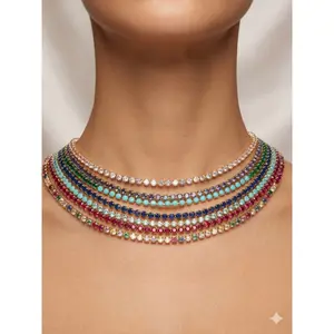 Hip-hop colored zircon single row necklace, tennis zircon chain, women's rainbow full diamond necklace, popular gift for girlfriend