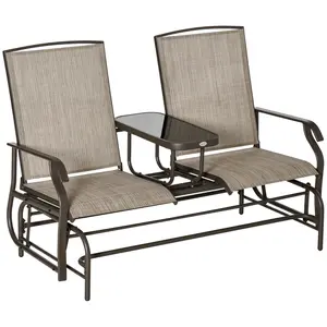 Outsunny Outdoor Glider Bench with Center Table, Metal Frame Patio Loveseat with Breathable Mesh Fabric and Armrests for Backyard Garden Porch