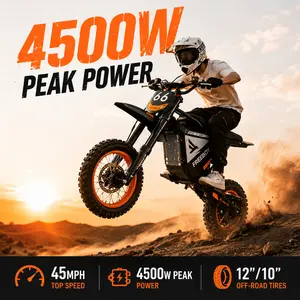 4500W Peak Electric Bike for Adults, 45MPH Top Speed, Full Suspension, Dual Hydraulic Brakes, 12"/10" Off-Road Tires