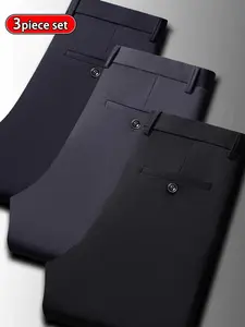 3-pieces Men's New Loose Straight Leg Elastic Plain Formal Pants, Anti-Wrinkle Comfortable Business Casual Trousers, Casual Comfy Trouser for All Seasons