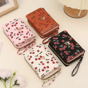 Women's Short Wallet, Cherry Print Folding Wallet, Zipper Trifold Fashion Clutch Purse, Multiple Card Slots, Coin Pocket, Mother's Day Gift