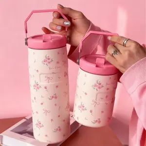 Floral Bow Stainless Steel Cup, Large Capacity Water Bottle, Travel Mug, Coffee Cup, Sports Flask, Vacuum Insulated Flask, Stainless Steel Thermos, Ideal for Home, Gym, School, Office