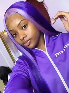 28 Inch Medium Length Highlight Purple Long Straight Glueless Wigs for Women, Gorgeous Fluffy Wigs without Bangs, Synthetic Lace Front Wigs for Party, Daily Use