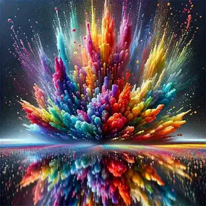 Rainbow Color Explosion Diamond Painting Kit, Vibrant Abstract Art with Mirror Reflection, Bursting Multicolored Powder Splash on Black Background, 5D Round & Square Rhinestone DIY Cross Stitch Home Decor Art