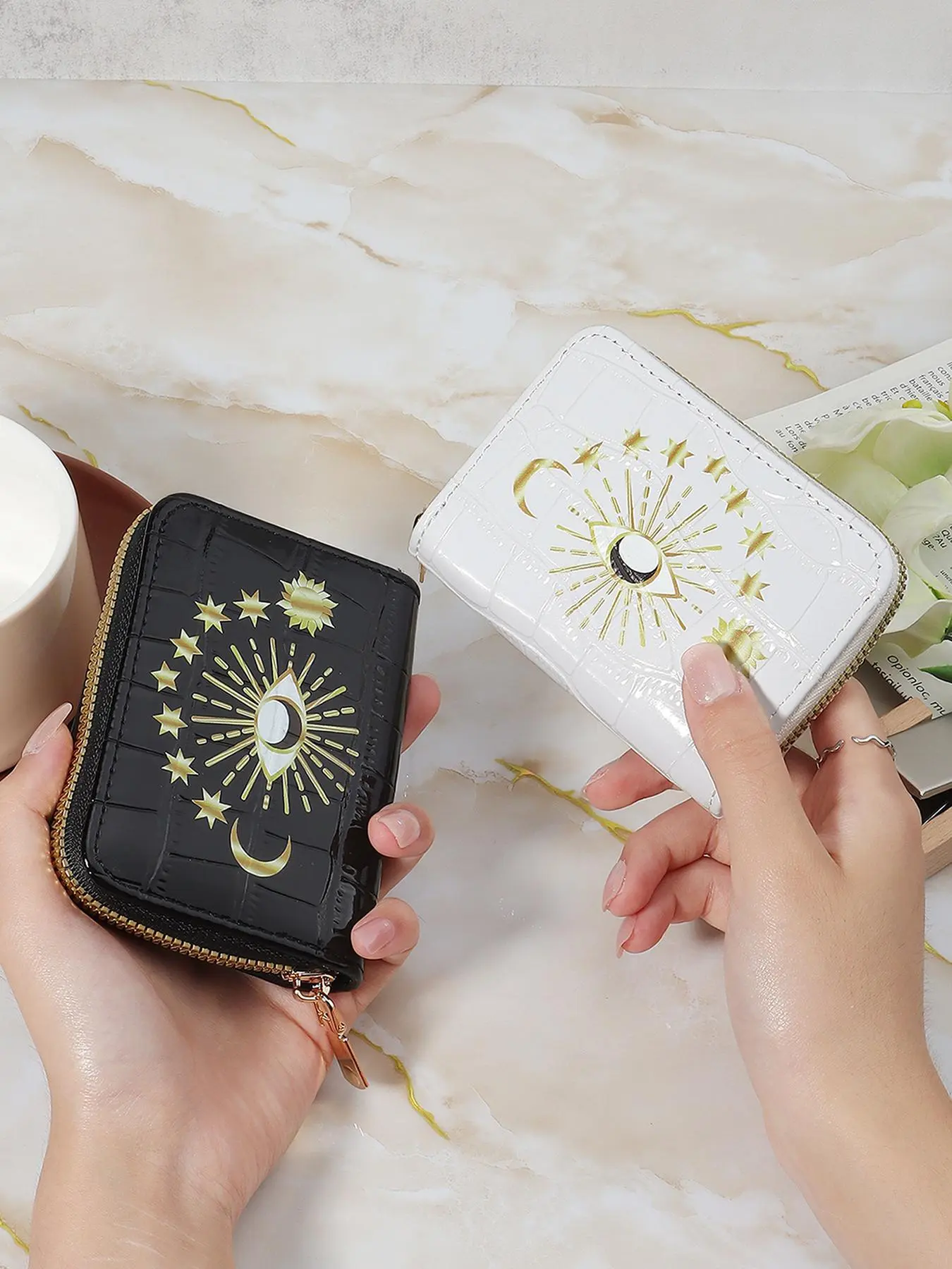 Women's Eye & Star & Moon Print Zipper Short Wallet, Casual Versatile Card Holder, Multi-functional Card Bag for Women & Girls