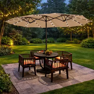 【15FT Solar LED】Costoffs Large Patio Umbrella with 36 Solar LED Lights, Hand Crank Opening, Heavy-Duty Iron Frame with Base & Sandbags for Yard/Garden/Park
